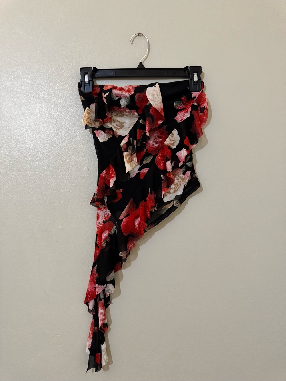 Floral Asymmetrical Ruffle Top in Black with Red & Cream Blooms and Scarf!